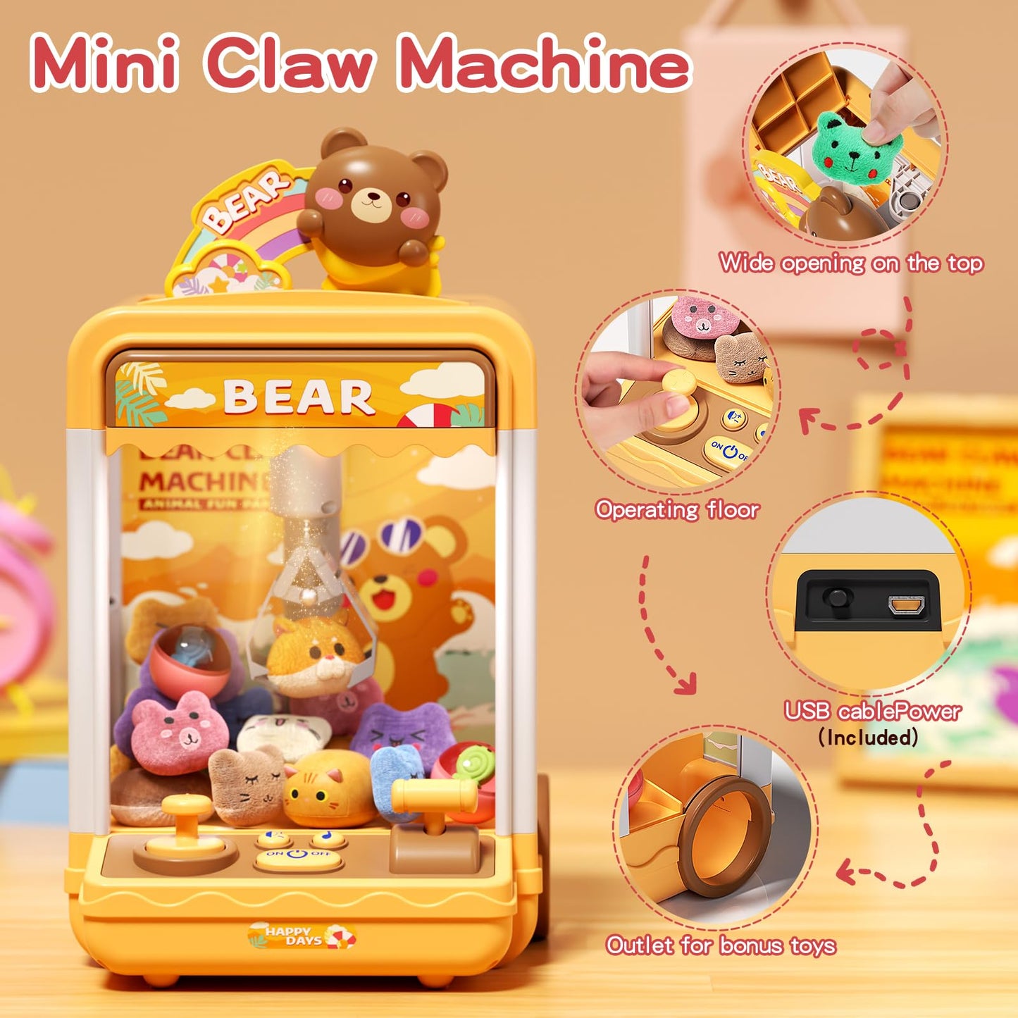 Aiqi Bear Kids Claw Machine, Mini Candy Vending Grabber, Prize Dispenser Toys For Girls And Boys, Electronic Claw Game Machine F