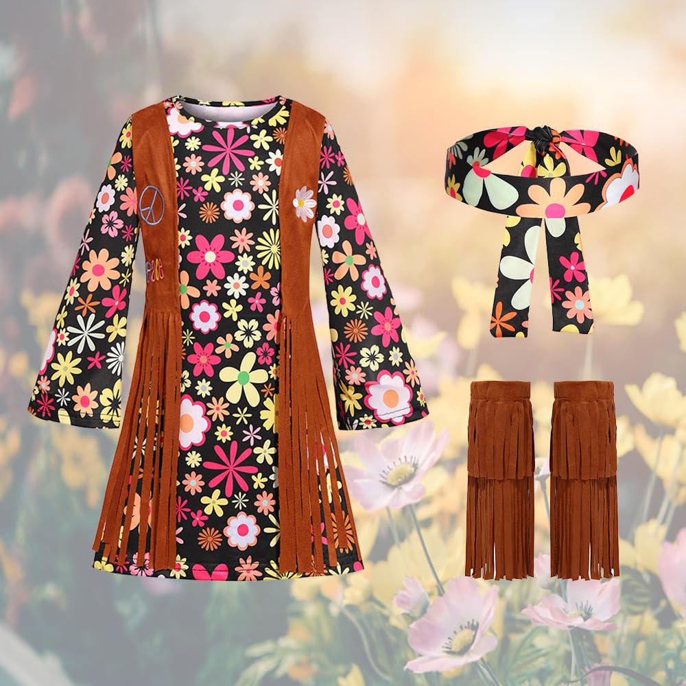 Cuteshower Kids Hippie Costume For Girls 60S 70S Hippie Dress For Halloween Party Outfit