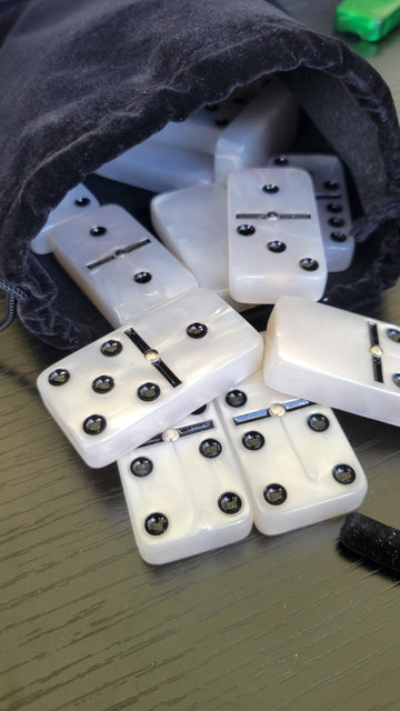 Domino Double 6 White Marbleized Tiles With Spinners, Jumbo Tournament Size In Black Elegant Velvet Bag