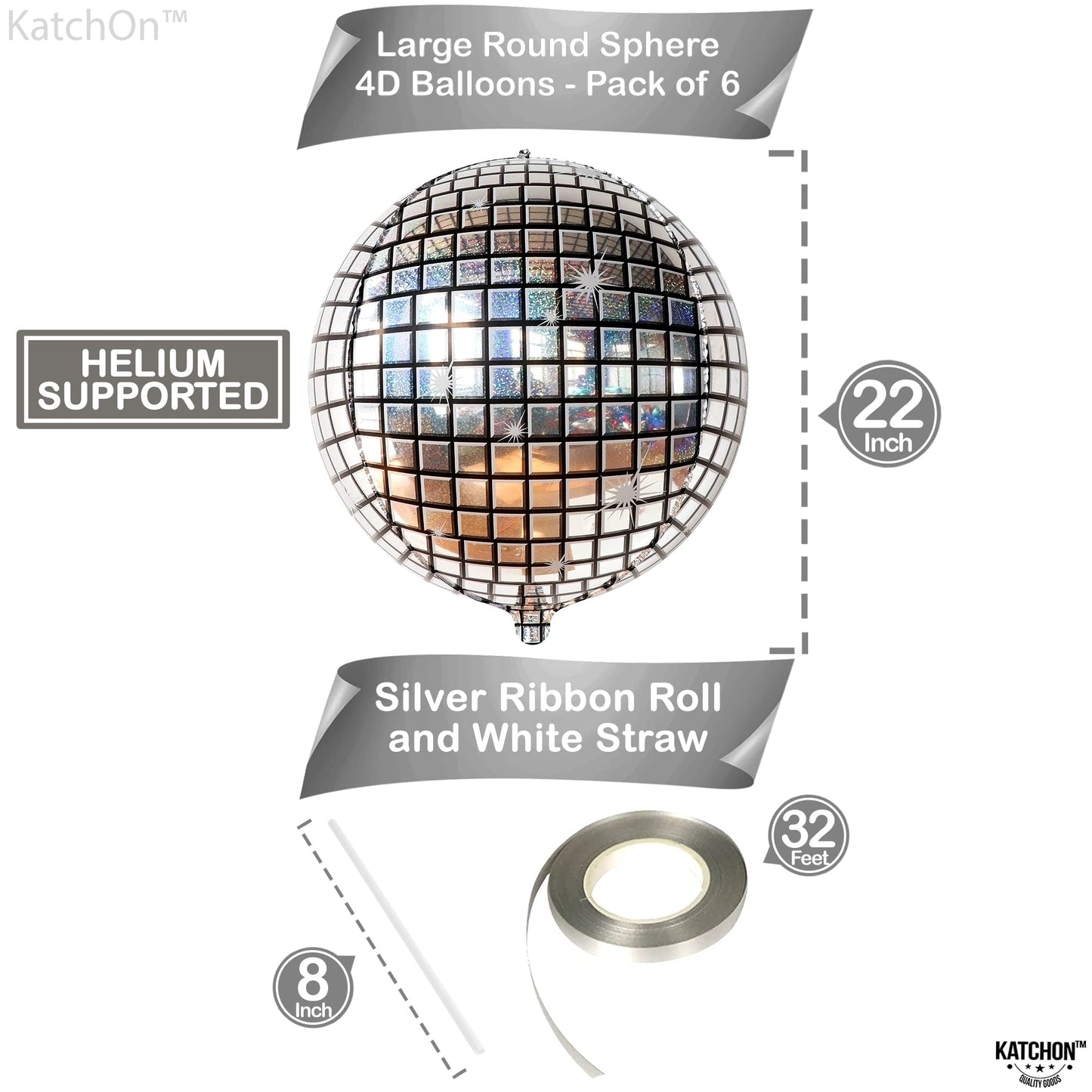 Katchon, Big Silver Disco Ball Balloons - Pack Of 6, Disco Party Decorations | 4D Metallic Disco Balloons For Disco Bachelorette Party Decorations | Prom Balloons, Graduation Decorations Class Of 2025
