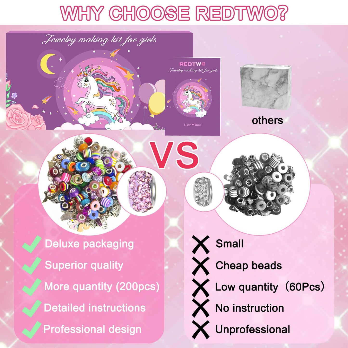 Redtwo 200 Pcs Charm Bracelet Making Kit, Friendship Jewelry Making Supplies Unicorn/Mermaid/Birthday Gifts Toys For Teen Girls