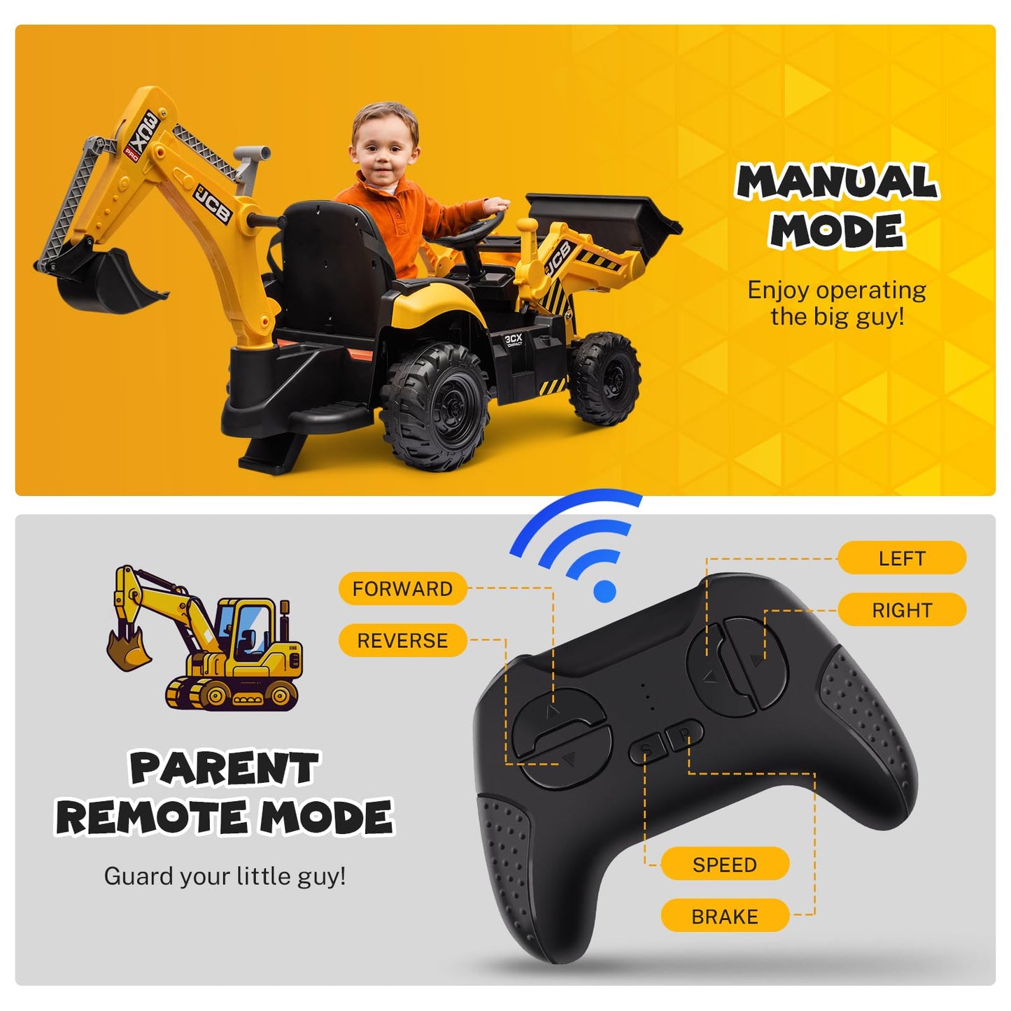 Btmway 24V Jcb Ride On Excavator,Kids' Electric Vehicles With Remote Control,Various Accessories,Sand Digger And Backhoe Shovel