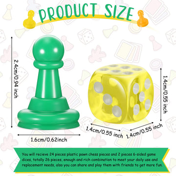 Zhanmai 40 Pieces Multicolored Plastic Chess Pawn Pieces for Board Games and 4 Pieces 6 Sided Game Dice Solid Color Round Corner Dice for Chess Game Components Table Markings