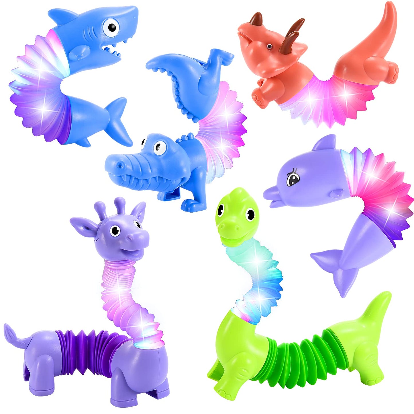 Delighkidz Animals Easter Fidget Toys For Toddlers: 6 Pack Led Animal Pop Tubes For Kids 2 3 4 5 6 7 Year Old Girls Boys Birthday Gifts Autism Sensory Toy For Kid Age 3-5 Tube Light Up Party Favors