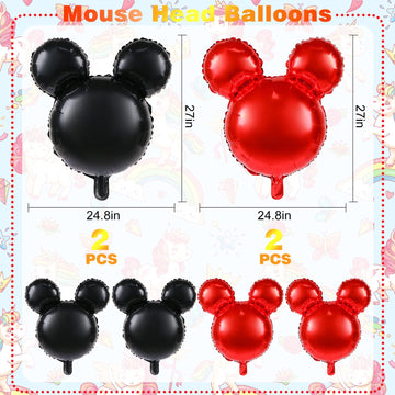 Mikimiqi 4 Pcs Mouse Head Foil Balloons, 24'' Mouse Mylar Balloon For Birthday Party Decorations Jumbo Mouse Head Aluminum Foil Balloons Party Favors Supplies (Black Red)
