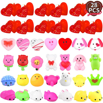 Domkier 28Pcs Valentines Mochi Squishies Toys Set, Squishies Toys Filled Hearts Boxes With Cards Valentines Stress Relief Toys F
