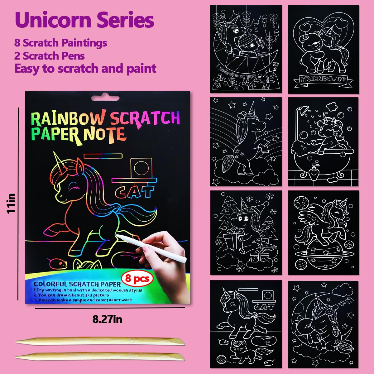 JUNQIU Scratch Art for Kids, Rainbow Scratch Paper Art Set - Unicorn, Arts and Crafts for Kids Ages 4-8 Girls Boys, Kids Activit
