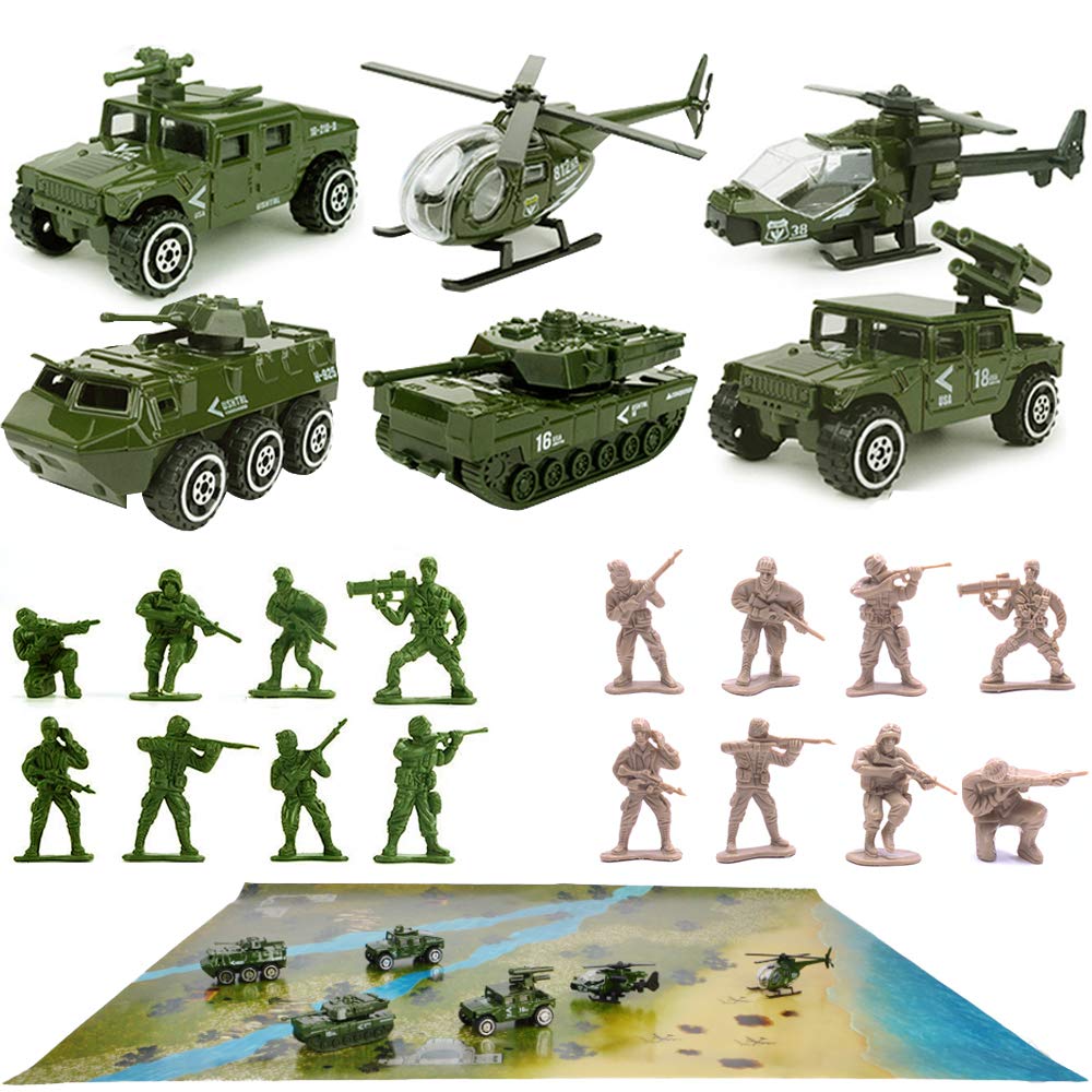 23 Pack Die-cast Military Vehicles Sets,6 Pack Assorted Alloy Metal Army Models Car Toys,16 Pack Soldier Army Men,1 Playmat,Mini