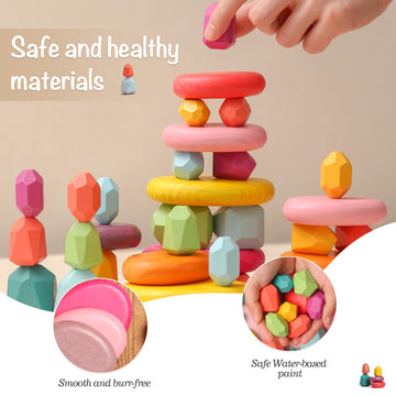 Oessuf Stacking Rocks 26Pcs Stacking Blocks Balancing Stacking Stones Wooden Building Toys Wood Stone Stacking Game For Toddler Sorting Preschool Educational Montessori Stacking Rocks For Kids