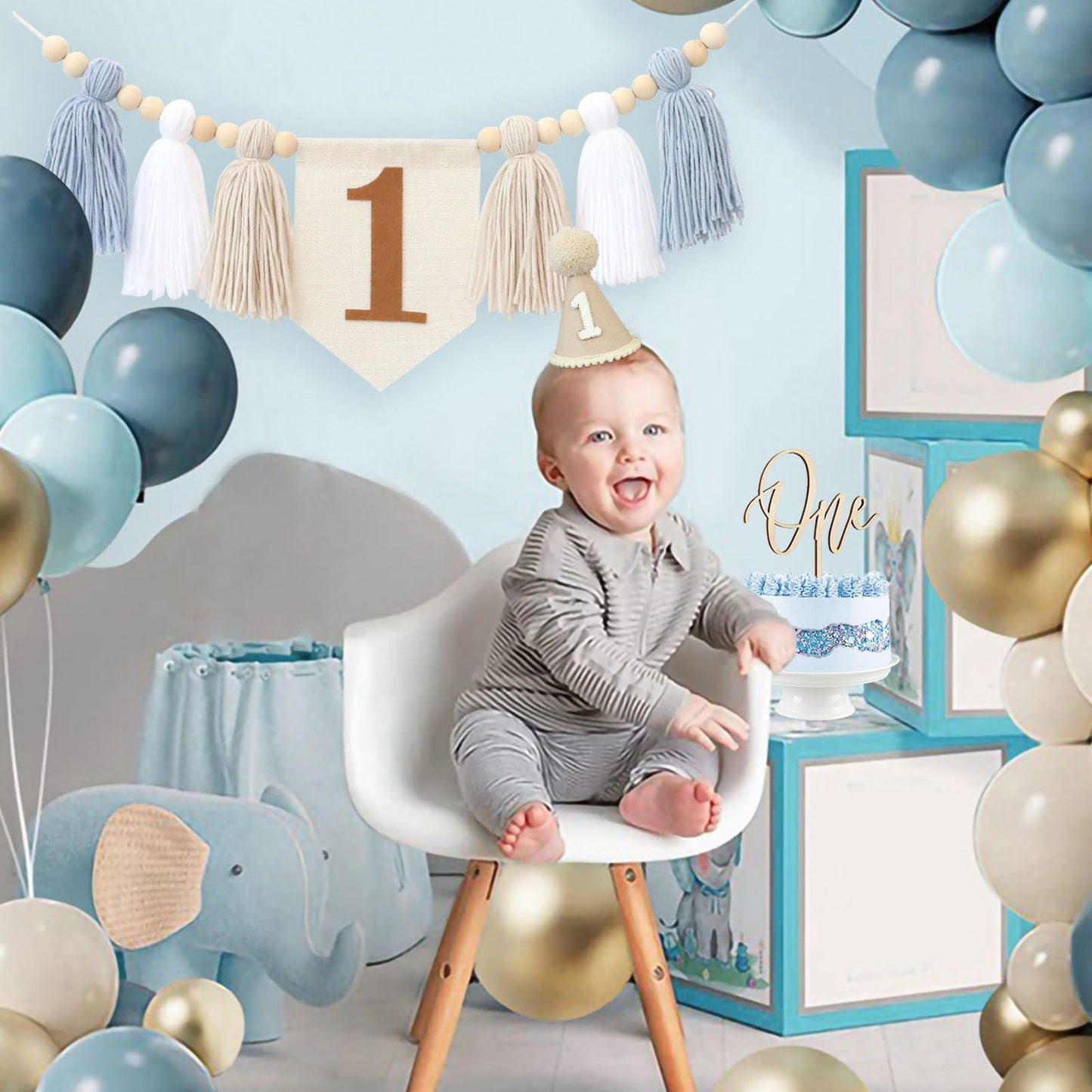 1St Birthday Highchair Banner Decorations For First Boys Khaki Cone Hat With One Cake Topper Photo Backdrop