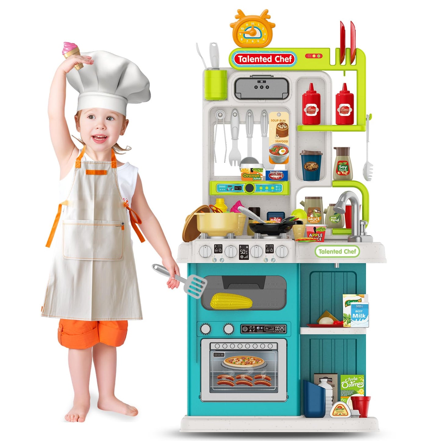 Kids Kitchen Playset,Play Kitchen for Kids Toddler with Sounds and Lights, Cooking Stove Steam,Play Sink,Play Food and Kitchen A
