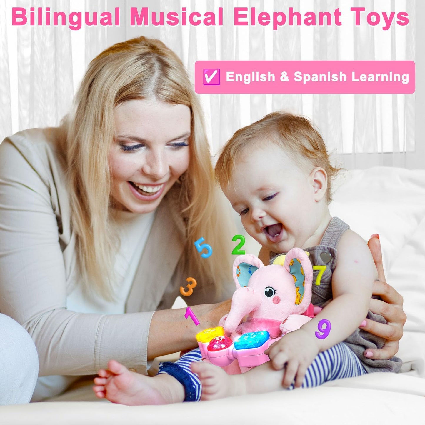 Holaxander Baby Elephant Musical Stuffed Animals Toy With Light-Up Music & Crinkle Sound Paper,Infant Bilingual Early Learning E