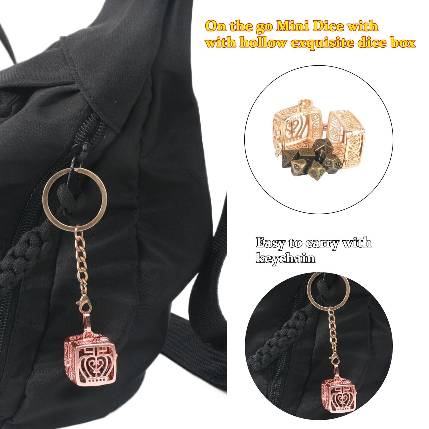 Xqidian Mini Dice Set With Copper Hollow Crown Necklace Dice Case Antique Tiny Small Metal Dnd Dice Set D&D Portable 7Pcs Keycha