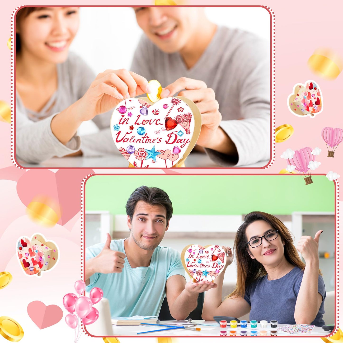 Tioncy 24 Pcs Diy Wooden Piggy Banks Unfinished Heart Shaped Wooden Piggy Coin Banks With 4 Paint Strips 4 Brushes 5 Sheets Gem