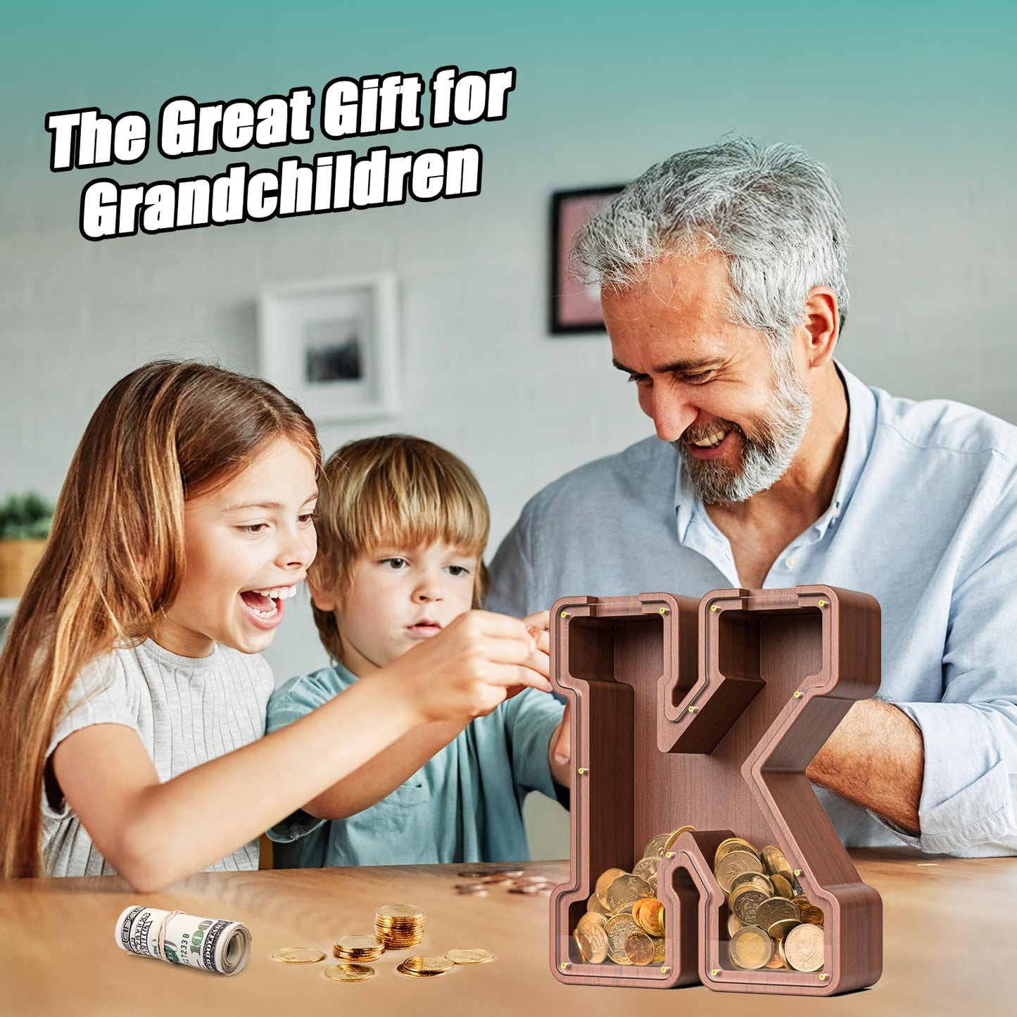 Summidate Wooden Letter Piggy Bank Extra Thick Large Capacity Piggy Bank for Kids Boys Girls Toddler Alphabet K Money Bank| Coin Box Birthday Christmas Festival