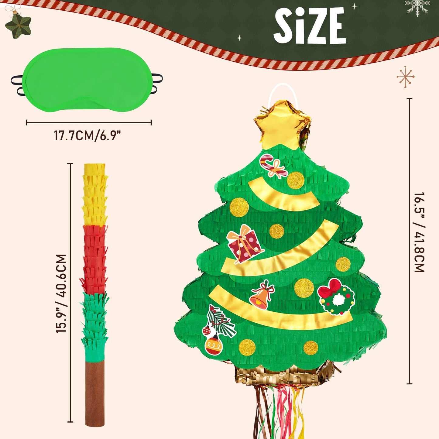 Wernsai Christmas Piata Large Pull String with Blindfold Bat - Cute Tree Design for Christmas Party Games - Green, 16.5 x 12.4