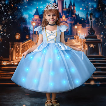 G.C 11PCS Light Up Cinderella Costume Dress for Girls Toddlers Princess Dress Up Clothes with Crown Wand Earrings Necklace Glove