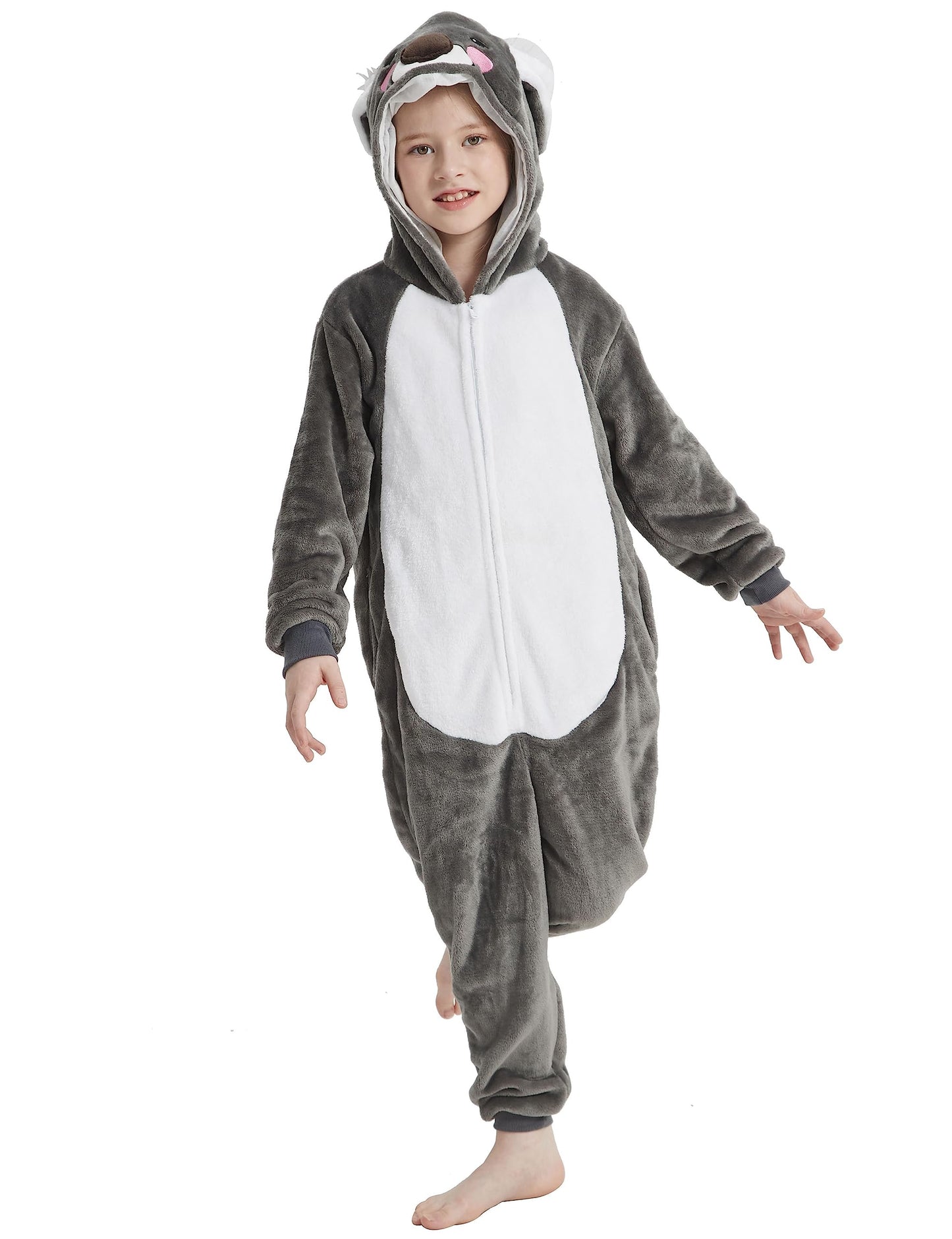 Acogna Onesie Kids Plush Animal Koala Costume One Piece Pajamas Girls Boys Teen Halloween Cosplay Sleepwear Gray 8-9 Years