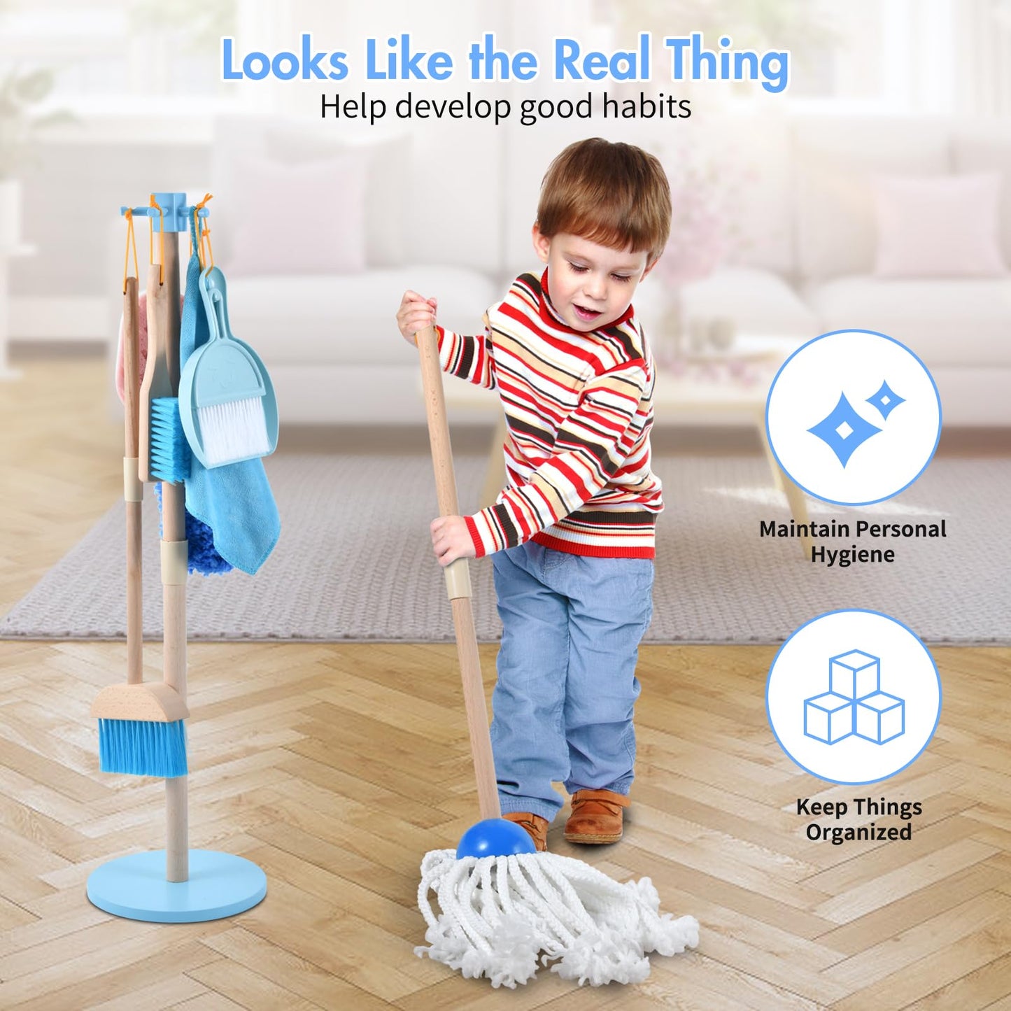 Whoholl Wooden Toddler Cleaning Set, Blue Toys Montessori Toys For 3+ Years Old Boy, Housekeeping Play Set Includes Broom Mop Du
