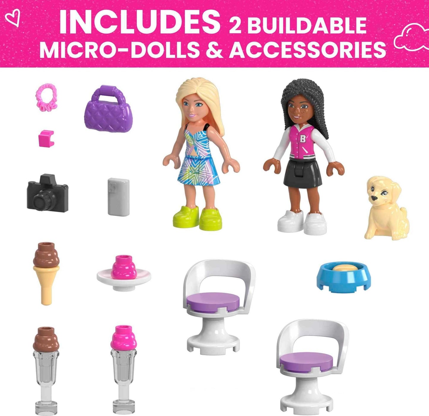 Mega Barbie Car Building Toys Playset, Convertible & Ice Cream Stand With 225 Pieces, 2 Micro-Dolls And Accessories, Pink,