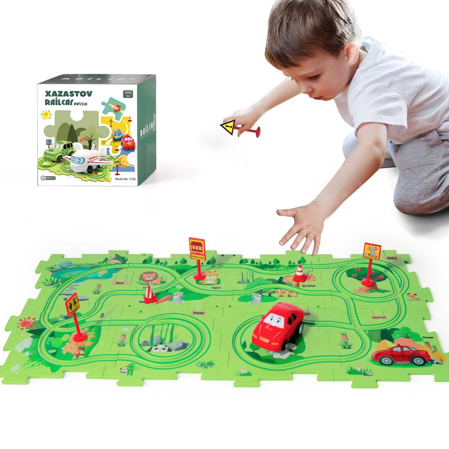 Xazastov Puzzle Track Car Play Set, Plastic Floor Puzzles For Kids With Vehicles, 2 3 4 5 6 Year Oold Boy Toys Gift, Toys For 2