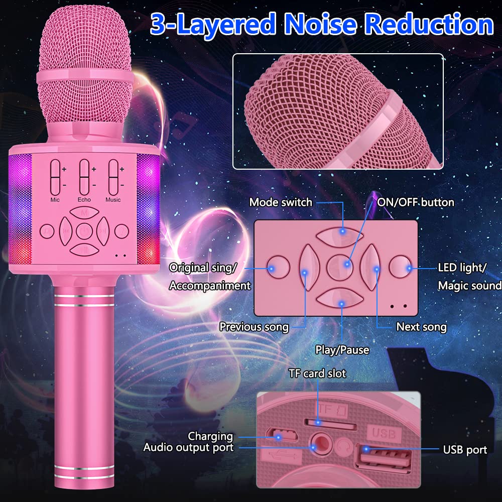 Amazmic Toys For Girls, Kids Karaoke Microphone Toddler Microphone For Kids With Lights, Birthday Gift For Girls, Boys Toy Age 3 4 5 6 7 8 9 10-14+(Pinkcolor)
