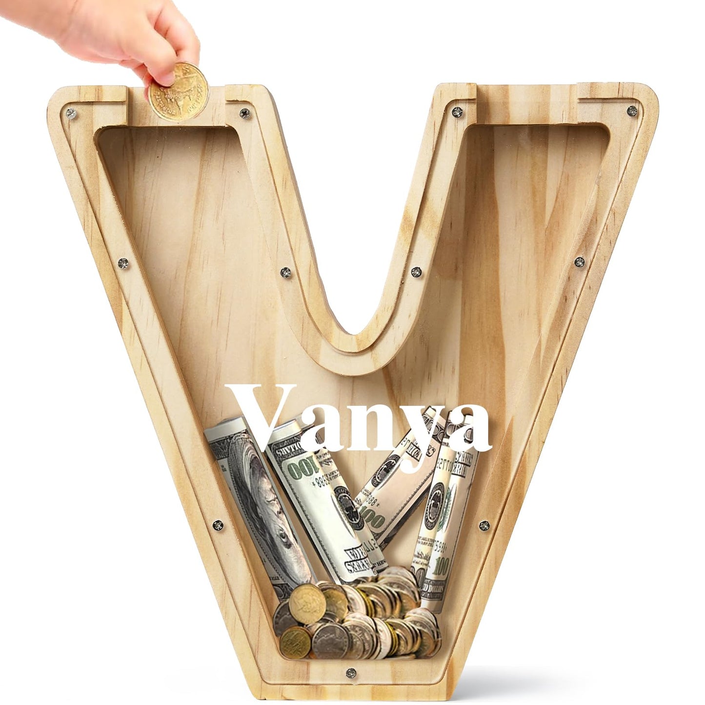 Bemaystar Personalized Piggy Bank: Customized Name Letter, Wooden Money Bank for Kids, Boys & Girls, Birthday