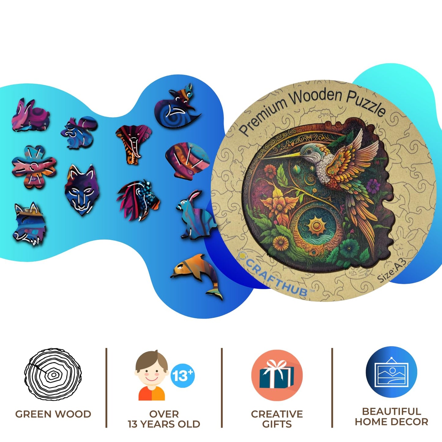 CRAFTHUB Wooden Puzzles for mature-themeds - Nectar Quest Hummingbird Puzzle - Wooden Jigsaw Puzzles Animal Shaped Family Games mature-themed Kids Birthday Gifts 114 Piece A4 Size 7.7x7.8