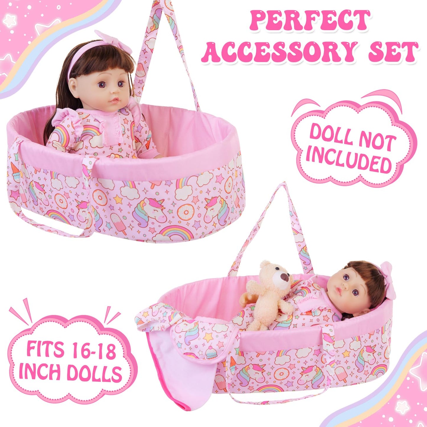 Ecorelf 8 Pcs Baby Doll Clothes With Bassinet For 16-18 Inch Baby Doll Reborn, Baby Doll Accessories Clothes Outfit Including Do