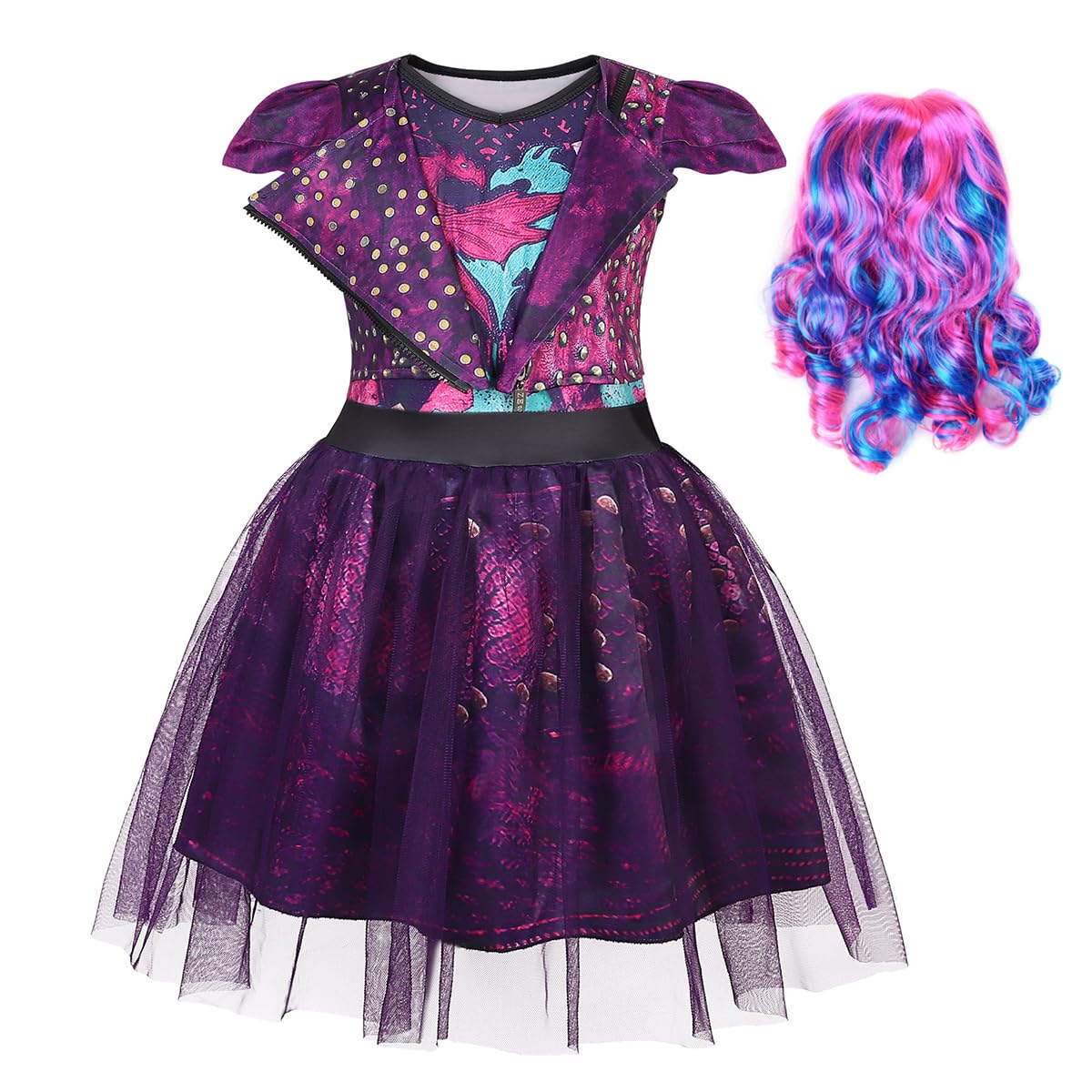 Wonderbabe Descendants Dress Mal Halloween Costumes Girls Tulle Mesh Dress Costume Fancy Party Cosplay Outfit With Wig 9-10T