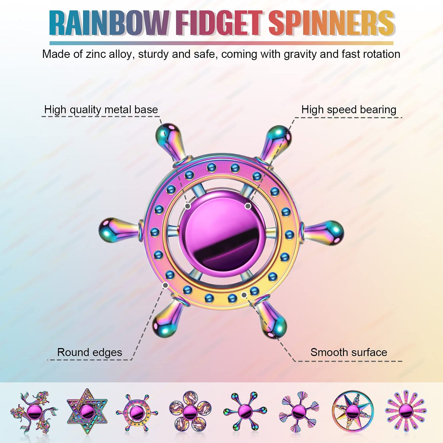 8 Pieces Rainbow Metal Spinner Cool Finger Spinners High Speed Hand Spinners Toys For Stress Anxiety Gift For Adults And Teens (Chic Style)