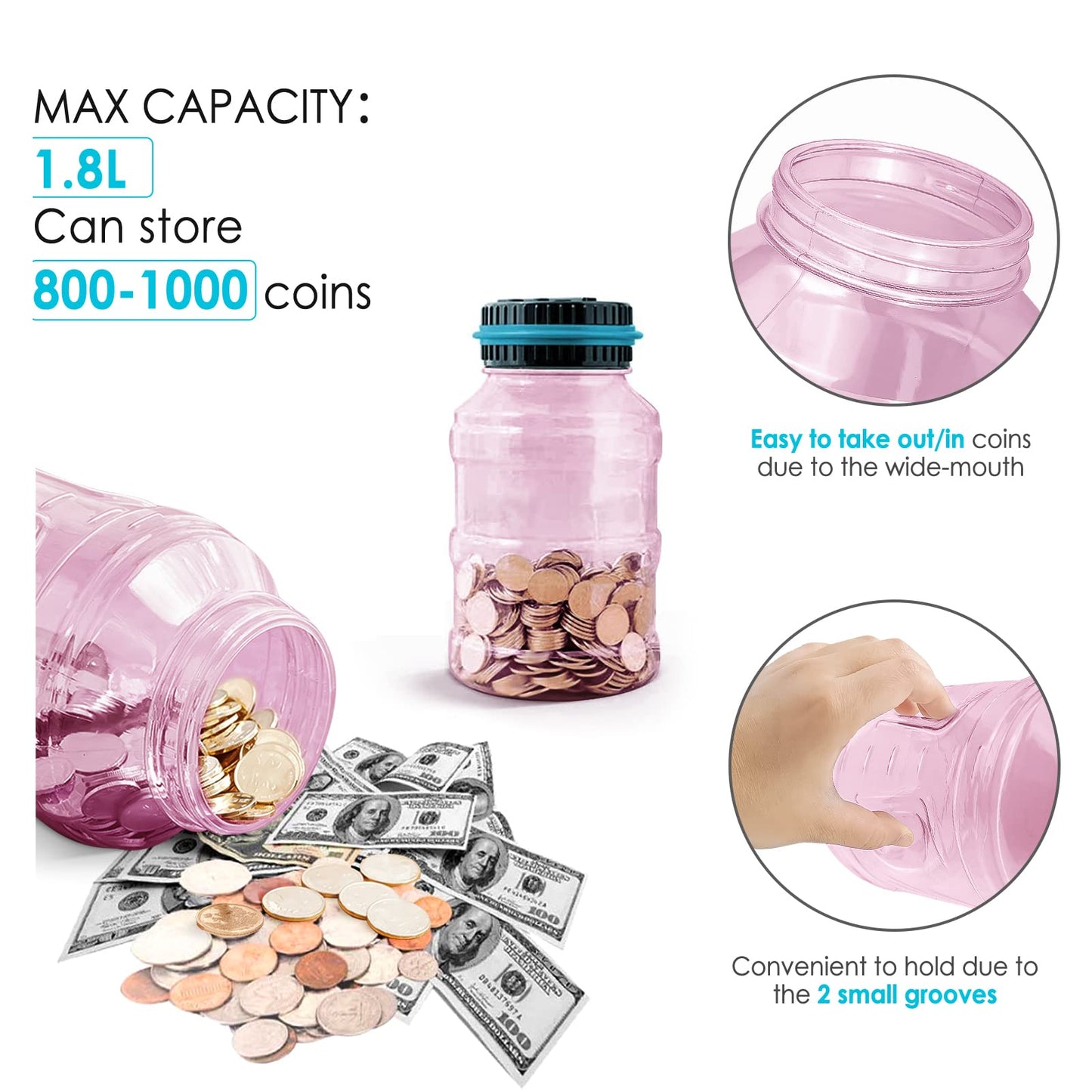 Large Piggy Bank For Adults Kids, Vcertcpl Digital Coin Counting Bank With 1.8L Capacity, Great Coin Bank Money Jar For Adults K