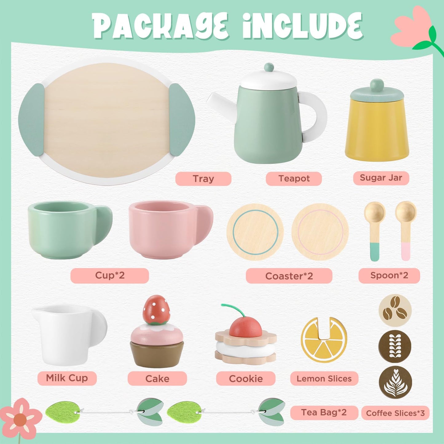 GAGAKU Wooden Tea Set for Kids, Wood Tea Party Set for Little Girls Wooden Coffee Afternoon Tea Toys Play Food forToddler Preten