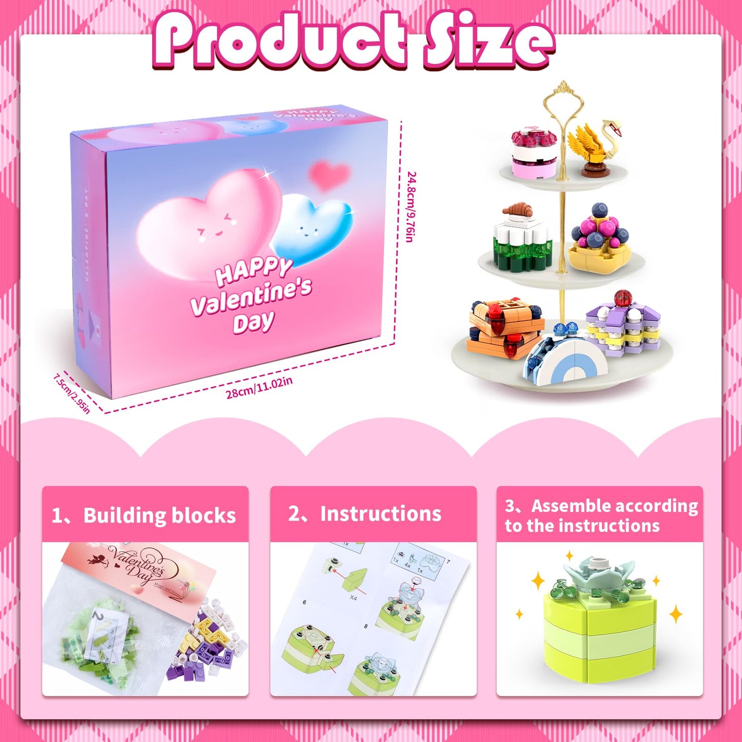 Uiseba Valentines Day Gifts For Kids Classroom/School,24Pcs Dessert Building Blocks And Valentines Cards,Toys For 3+ Years Old G