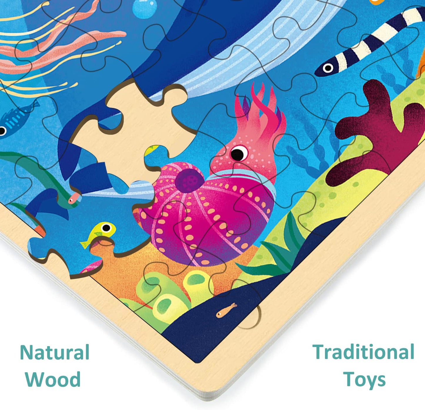 Moinkidz 48 Piece Puzzles For Kids Ages 3-5 With Unique Puzzle Pieces, Wooden Jigsaw Puzzle For 3 4 5 6 7 8 Year Old, Ocean Animal Toddler Puzzles For Kids Ages 4-8 With Storage Tray