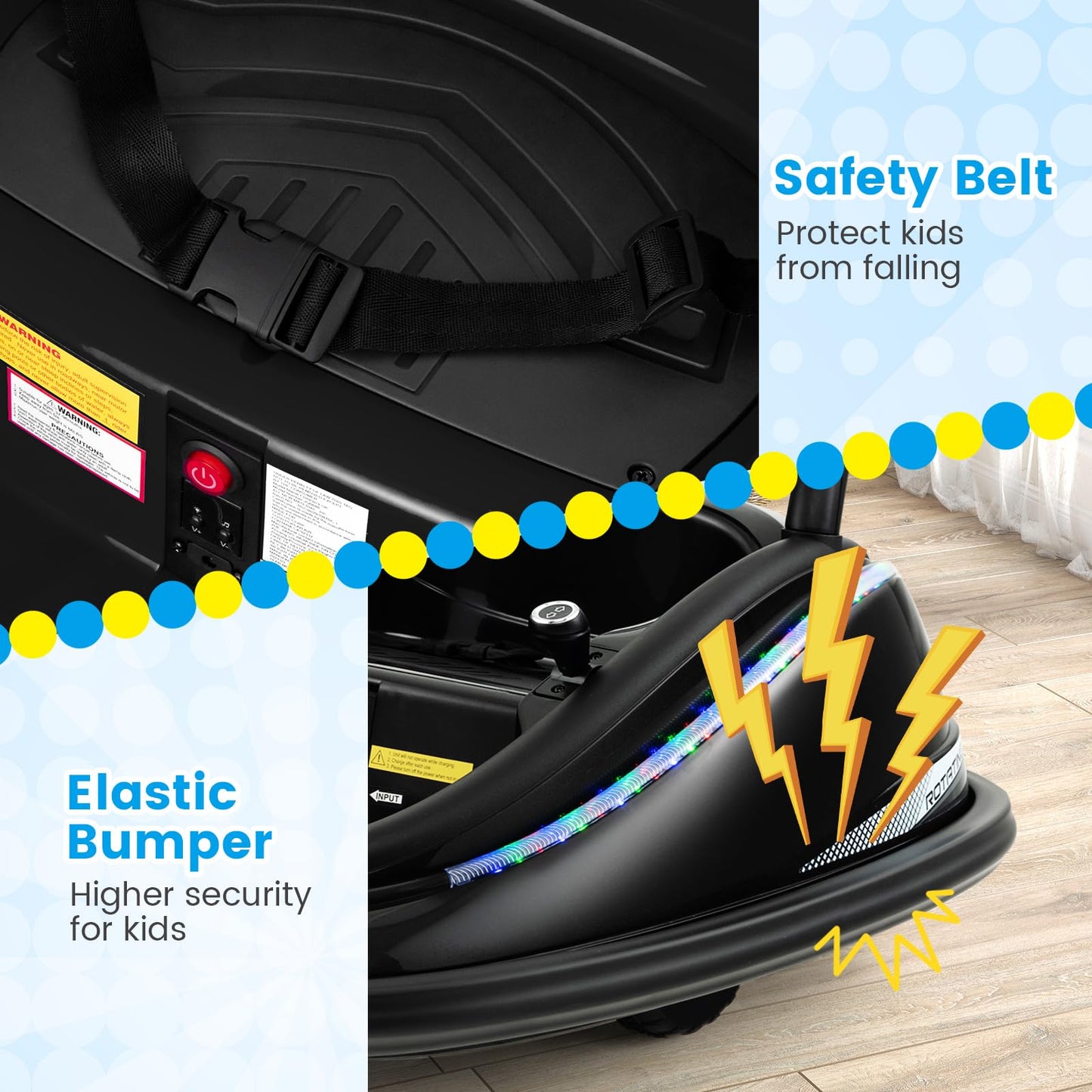 Olakids Bumper Car For Toddlers, 12V Kids Electric Ride On Toy With Remote Control, Battery Powered Vehicle Racer For Baby, 360 Degree Spin Rotation, Colorful Flashing Led Lights, Music (Black)