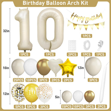 10Th Birthday Decorations Sand White Gold,10Th Birthday Balloon Arch Garland Kit With Happy 10Th Birthday Number 10 Foil Balloon