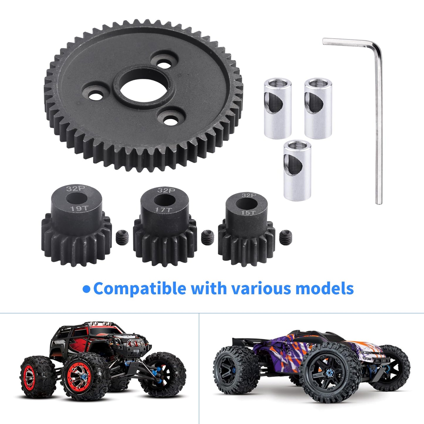 CrazyHobby RC Metal 54T 32P Spur Gear &15T/17T/19T Pinions Gear Set & 3.175mm Coupler for Traxxas Slash 4x4 4WD/2WD/VXL Rustler