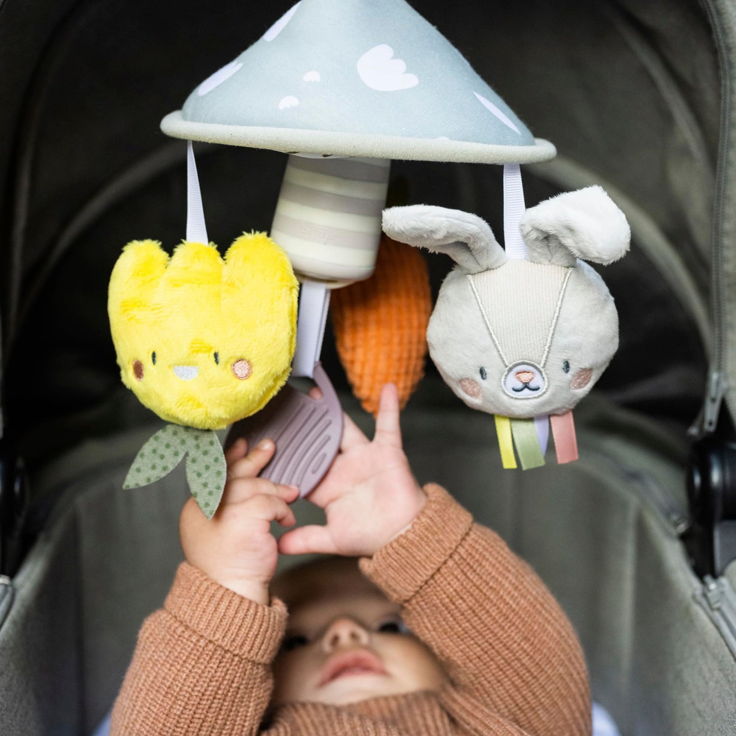 Taf Toys Pram Mobile - Colorful And Interactive Baby Stroller Mobile With Chime Bells, Teether And Hanging Dolls - Lightweight, Easy Attach, Developmental Toy For Baby'S Senses And Motor Skills