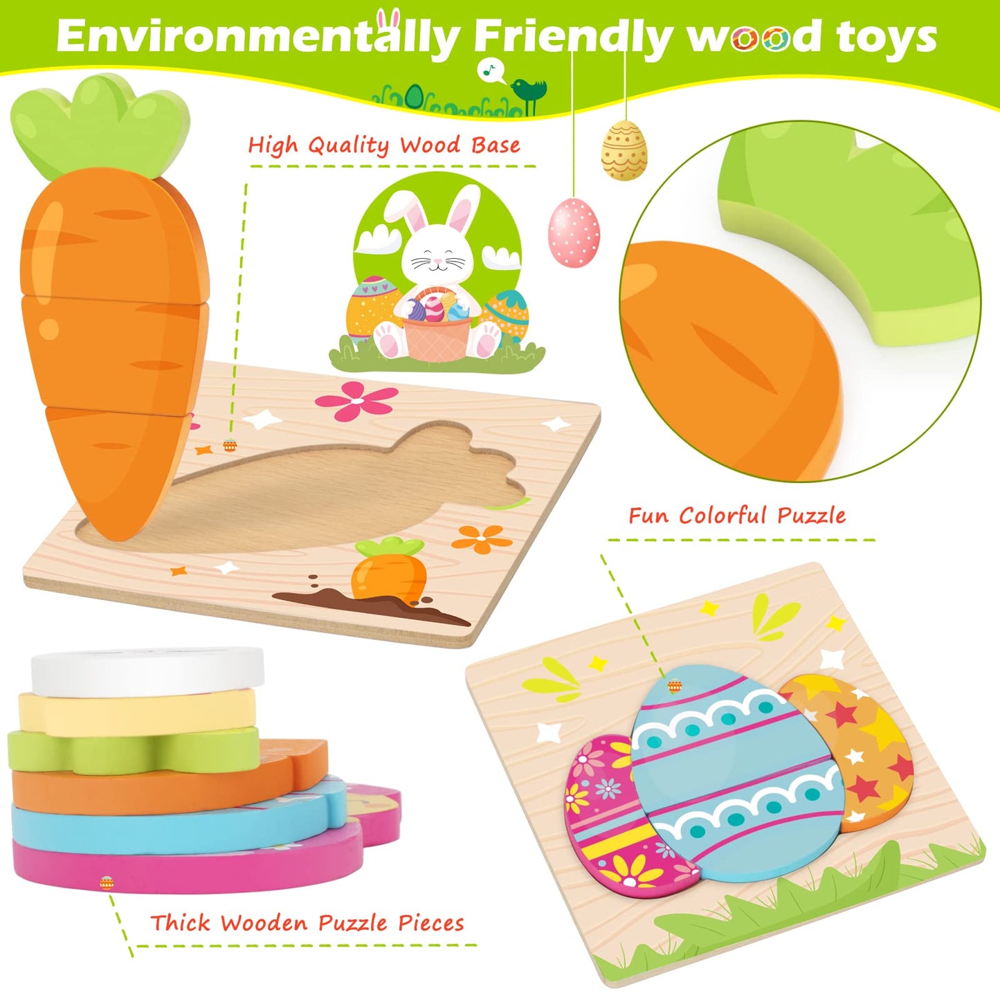 Easter Toys Gifts For Kids Toddlers - 4 Pack Wooden Puzzles With Rabbits, Carrots, Chicks, Eggs Design, Easter Party Favors For