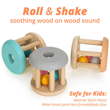 Duckboxx Xx Wooden Rattle Rollers For Babies Ages 0M - 2Yrs (Burlywood Base - 3Pcs)
