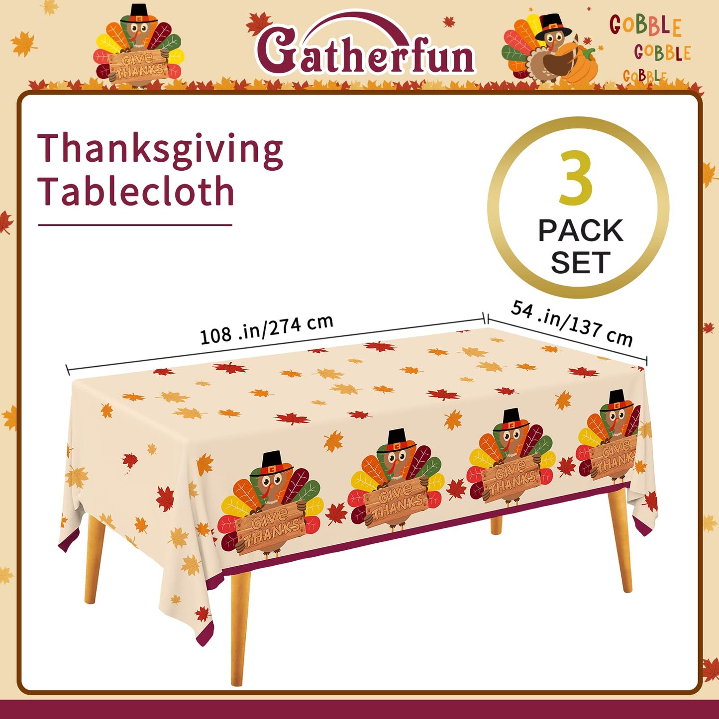 Gatherfun Turkey Thanksgiving Decorations, Disposable Tablecloth, Plastic Table Cover for Autumn Party Decorations and Thanksgiv