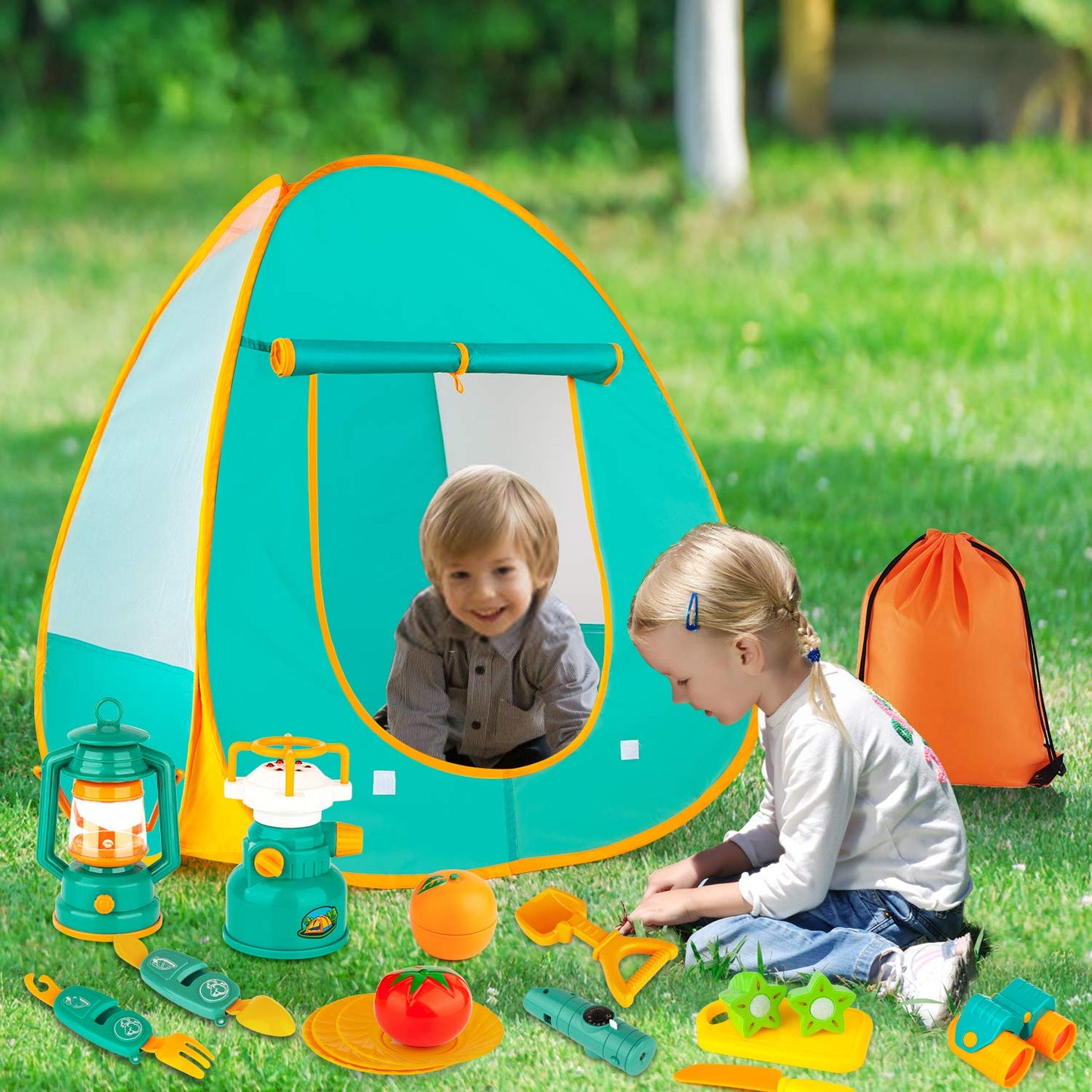 Aokiwo 45Pcs Kids Camping Tent Set, Pop Up Play Tent With Camping Gear Tools Indoor Outdoor Pretend Play Set For Toddler Boys/Girls - Including Telescope, Walkie Talkie, Camping Tent, Stove, And Etc