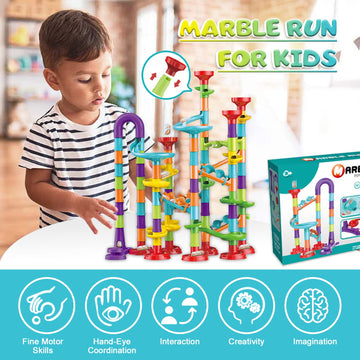 Kipawa Marble Run for Kids - DIY Educational Playset for Ages 4-8, Plastic Building Blocks & Glass Marbles