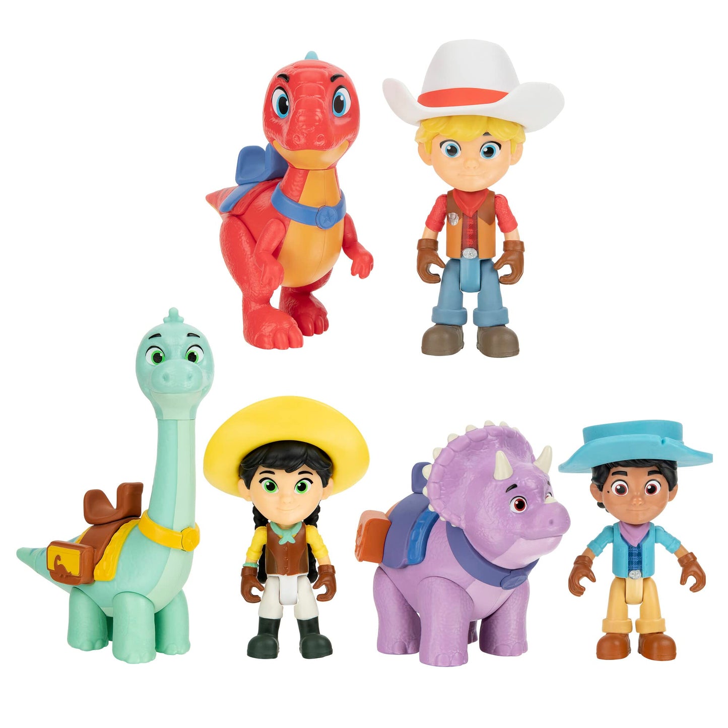 Dino Ranch 6-Figure Pack - Jon And Blitz, Min And Clover, Miguel And Tango - Three 3” Ranchers And Three 4” Dinos, Plus Fence Pieces - Toys For Kids Featuring Your Favorite Pre-Westoric Ranchers