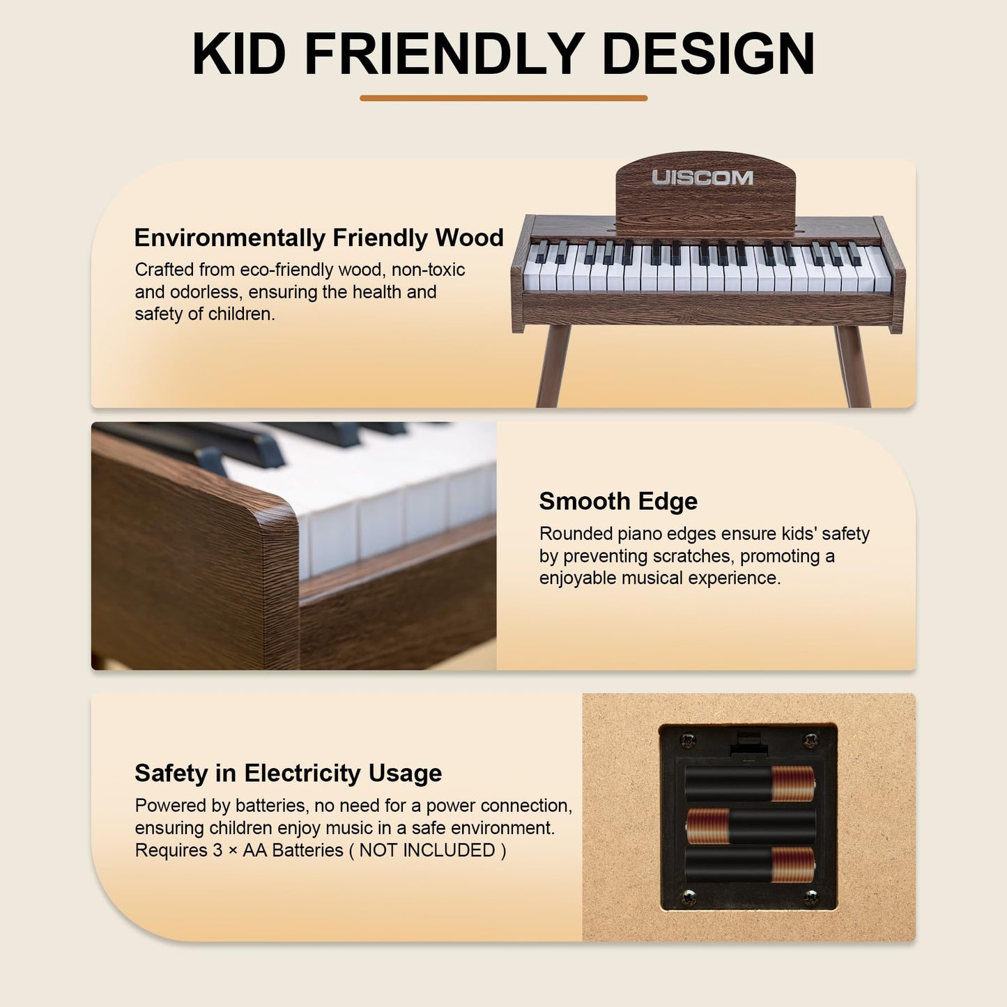 Uiscom Kids Keyboard Piano, 37 Keys Digital Piano, Toddler Musical Instruments, Wooden Kids Piano With Bench, Toddler Piano For