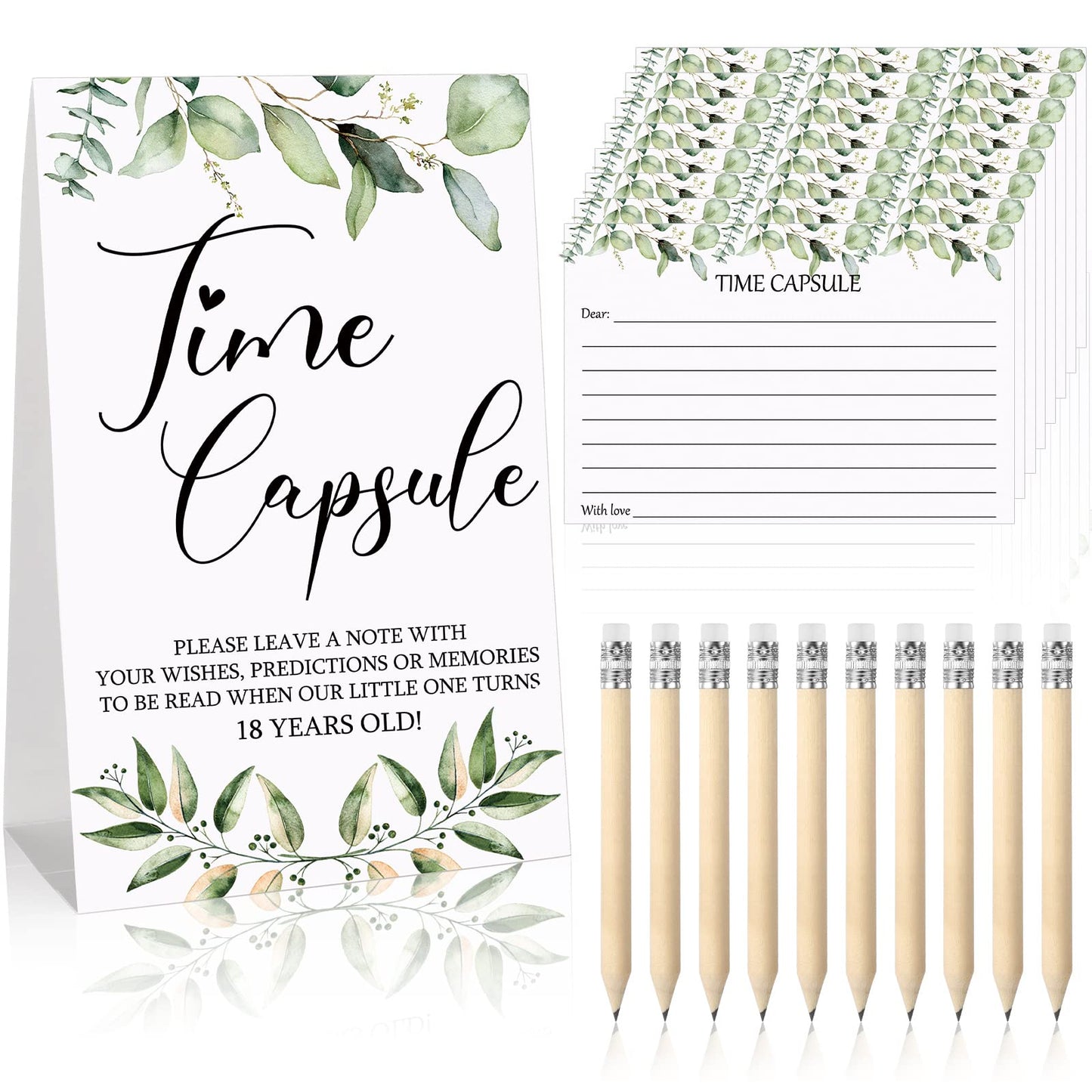 Fumete 61 Pieces Baby Shower Games Include Time Capsule Sign and 50 Time Capsule Message Cards Greenery Advice and Wishes Cards