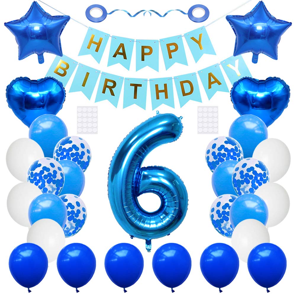 Huture 6 Birthday Party Supplies Blue Number 6 Foil Balloon Happy Birthday Banner Kit 6Th Birthday Decoration White Blue Latex C