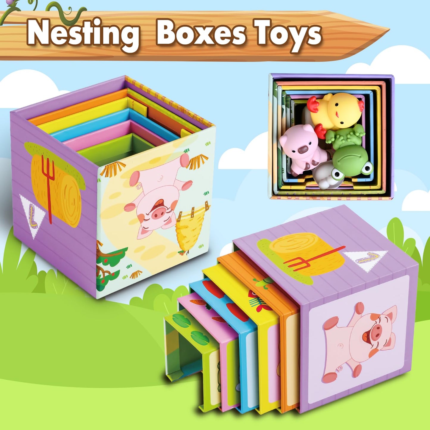 Shylizard Toddler Farm Animal Sorting And Stacking Toys, Nesting Boxes And Blocks With Finger Puppets - Gifts For 1-3 Year Olds