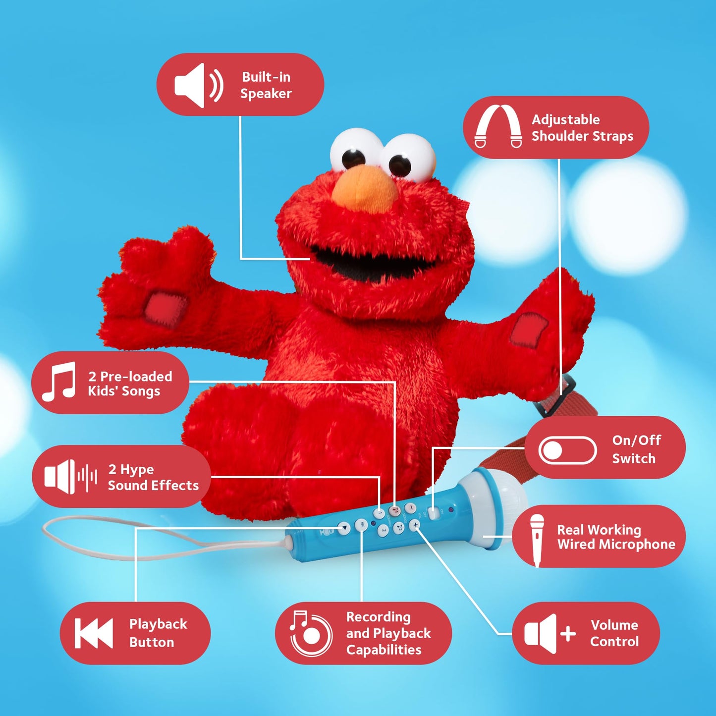 Singing Machine Karaoke Plush Sesame Street Toys (Abby Elmo Plush Toy) - Adjustable Carrying Straps - Sing-Along Built-In Real Working Microphone & Speaker With Record & Playback Function